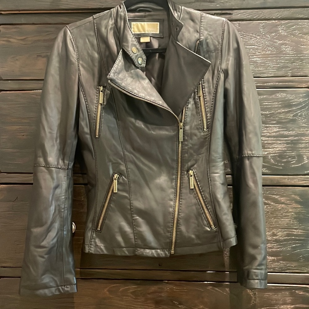 Michael Kors dark brown genuine leather motorcycle jacket brass hardware sz S